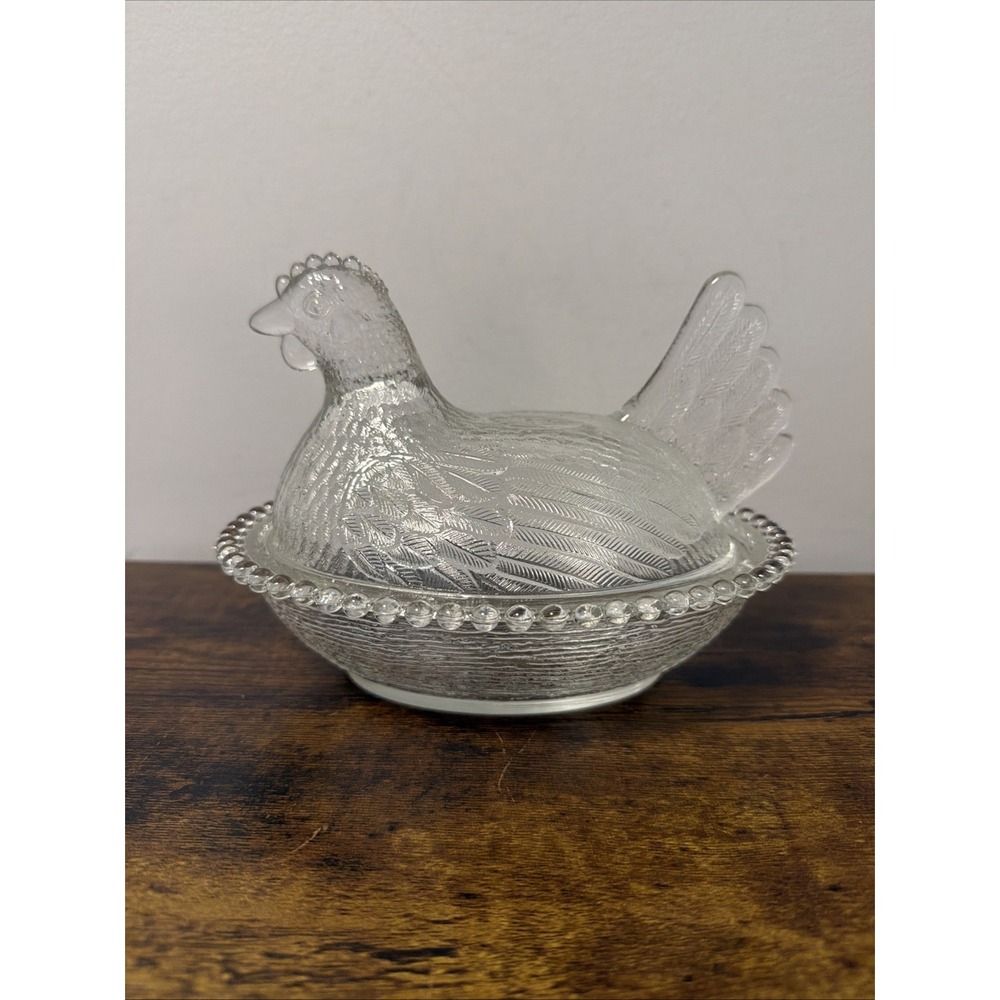 VTG Indiana‎ Glass Oval "Hen On Nest" Covered Dish w/Beaded Edge 7 in, CLEAR